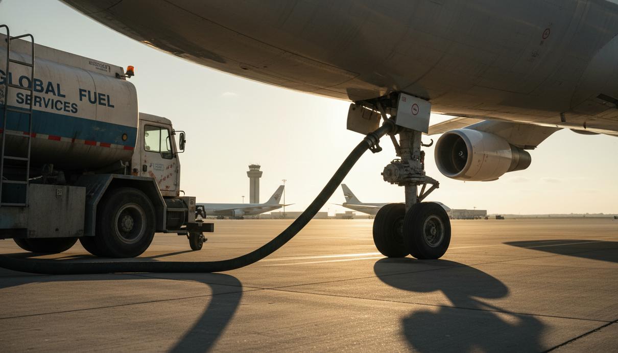 Грузовой самолет на бетонной полосе аэропорта. К крылу лайнера подключен заправочный шланг от автоцистерны.