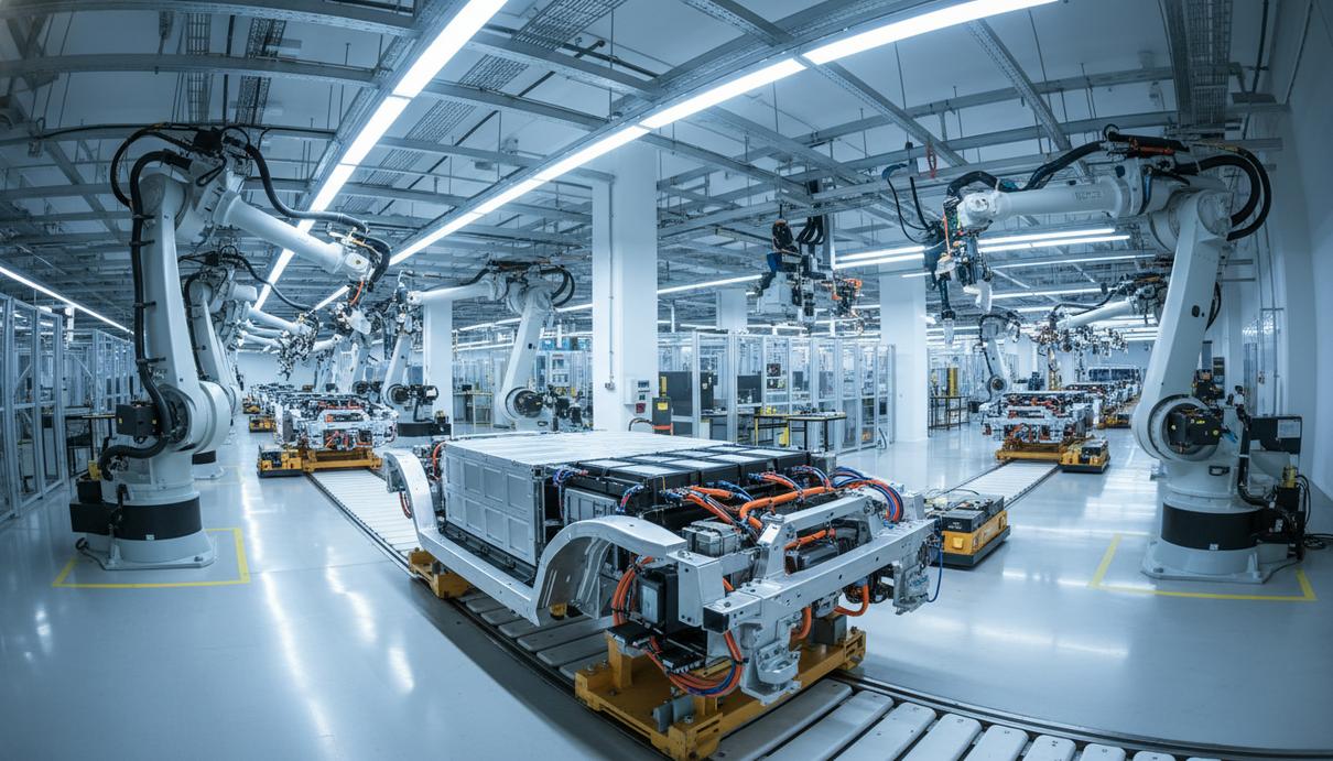 Автоматизированный заводской конвейер, на котором собирается металлическое шасси электромобиля с аккумуляторным блоком.