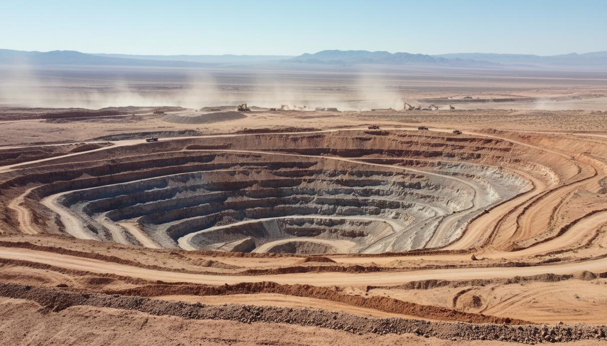 Панорамный вид на открытый глиняный карьер в пустынной местности с террасированными склонами и промышленной техникой.