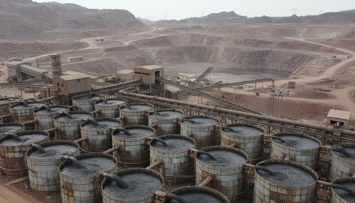 Промышленные металлические резервуары и трубопроводы на фоне каменистого ландшафта предприятия.