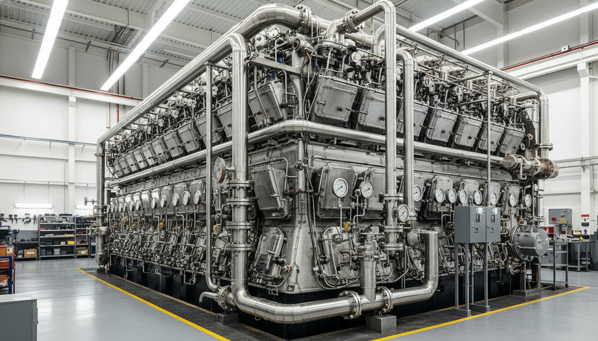 Массивный металлический судовой двигатель с трубами и датчиками в светлом промышленном цеху для проведения испытаний.