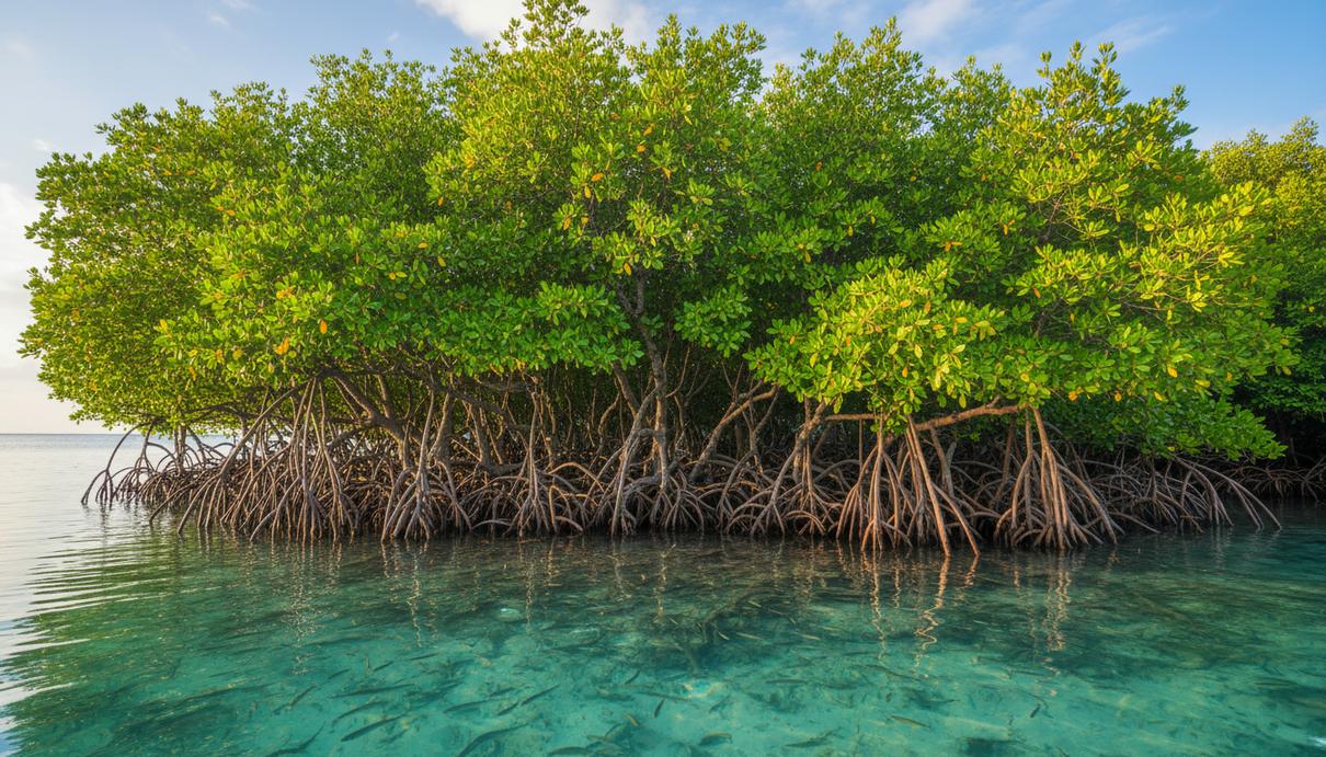 Мангровый лес, растущий в мелководной прибрежной зоне. Корневые системы деревьев частично погружены в прозрачную воду.