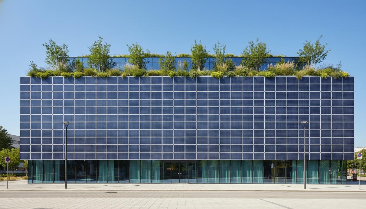 Radisson переводит гостиничный бизнес на низкоуглеродную модель Современное многоэтажное здание отеля с солнечными панелями на фасаде и зелеными насаждениями на крыше.