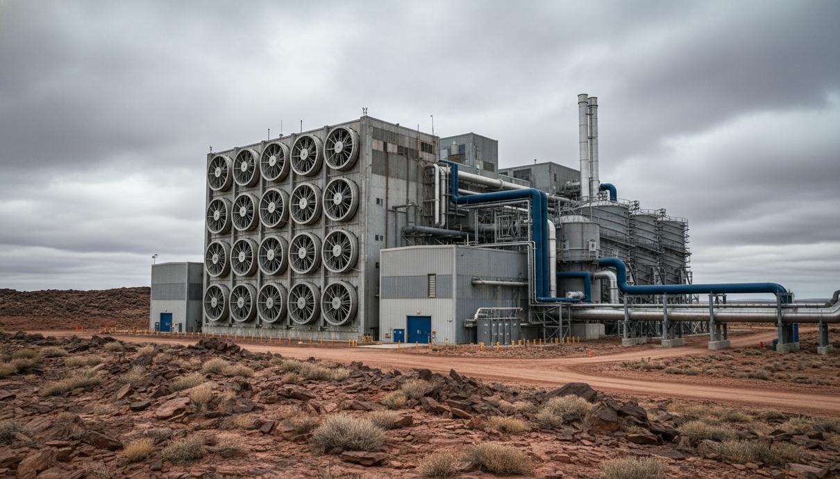 Промышленная установка улавливания углерода с большими металлическими вентиляторами и трубами на скалистом пустыре.