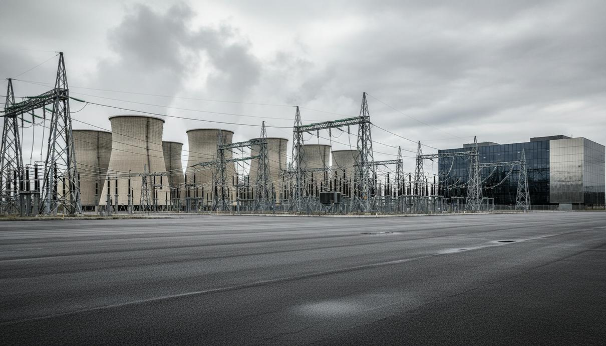 Промышленные системы охлаждения и электрическая подстанция с трансформаторами рядом с современным зданием дата-центра.