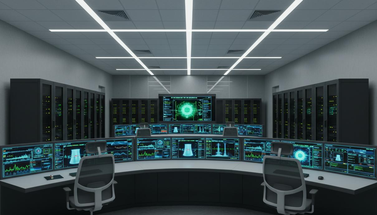 Пустой современный зал управления атомной электростанцией со светящимися экранами и серверными стойками.