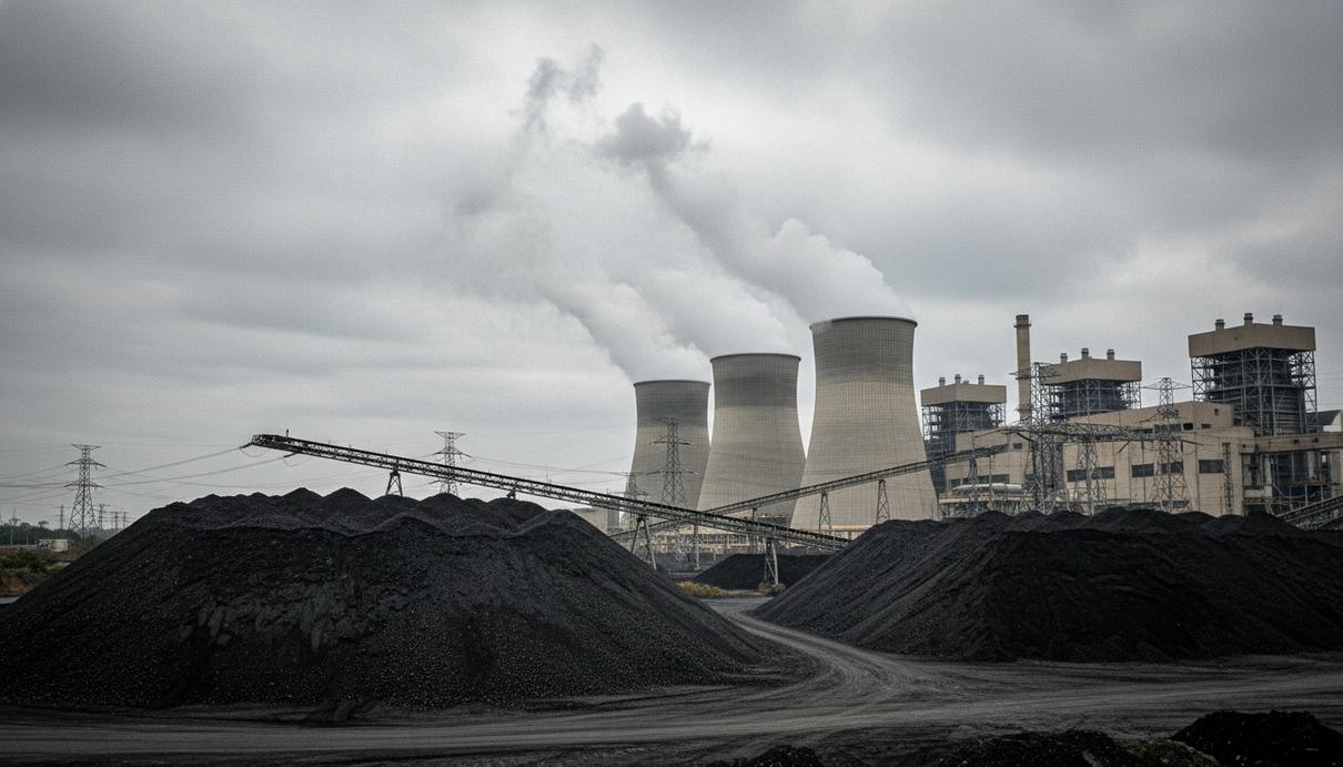 Тепловая электростанция с высокими градирнями и большими насыпями каменного угля на переднем плане под облачным небом.