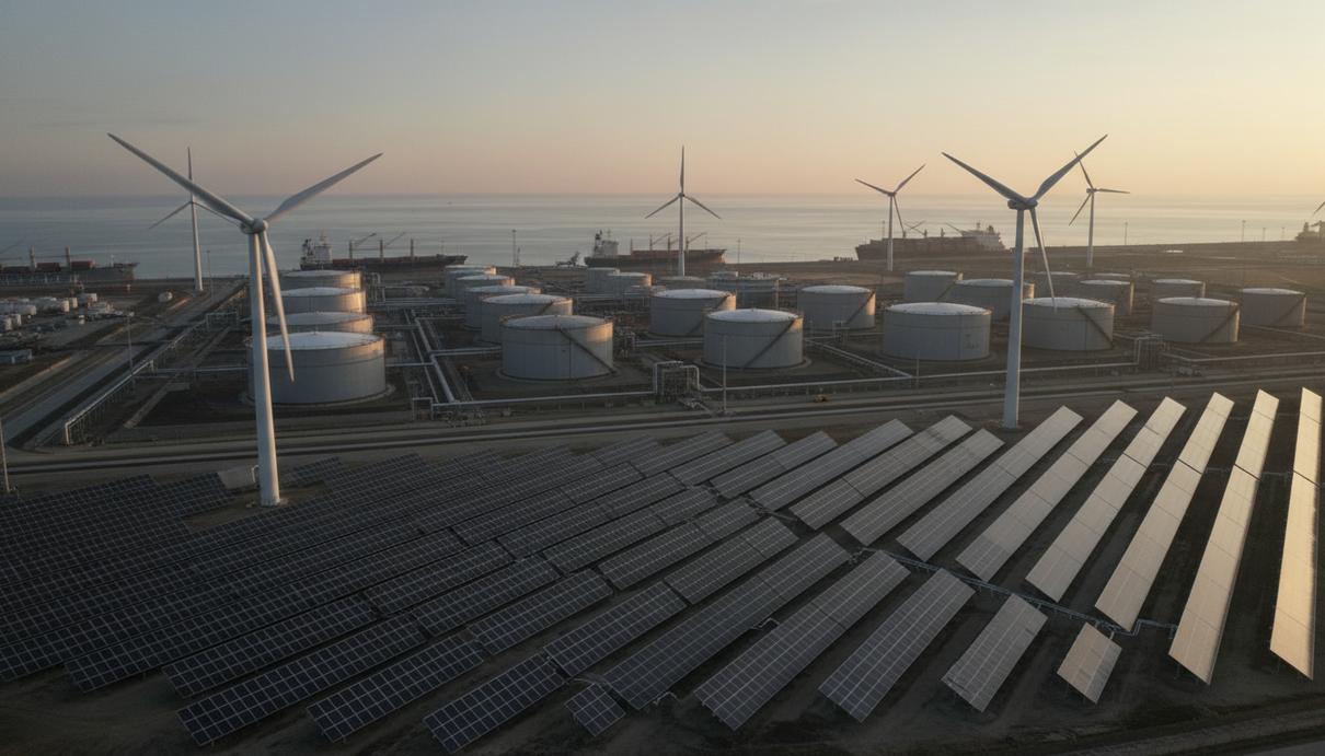 Нефтяные резервуары на морском побережье, рядом с которыми установлены ряды солнечных панелей и высокие ветряные турбины.