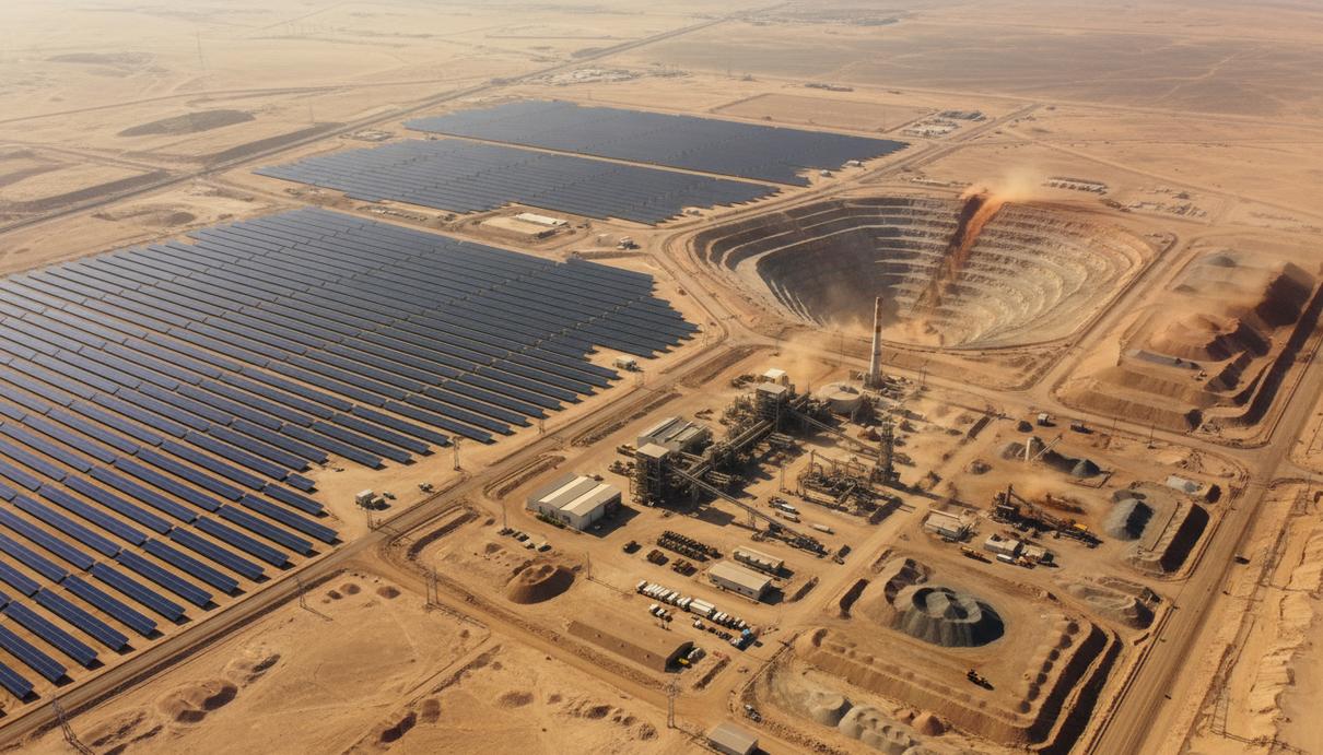 Масштабный промышленный комплекс в пустынной местности с солнечными панелями и горнодобывающей инфраструктурой.