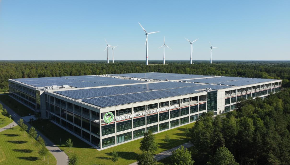 Здание современного завода с солнечными панелями на крыше и ветровиками на фоне чистого неба и зеленых деревьев.