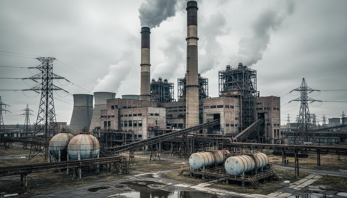 Старая угольная электростанция с высокими трубами, выпускающими пар. Промышленные объекты под пасмурным небом.