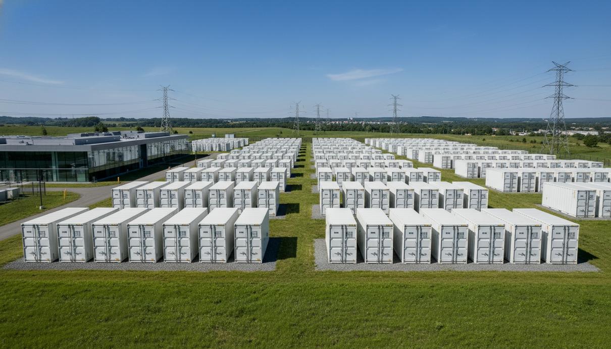 Ряды белых металлических контейнеров промышленной системы накопления энергии на поле рядом с линиями электропередачи.