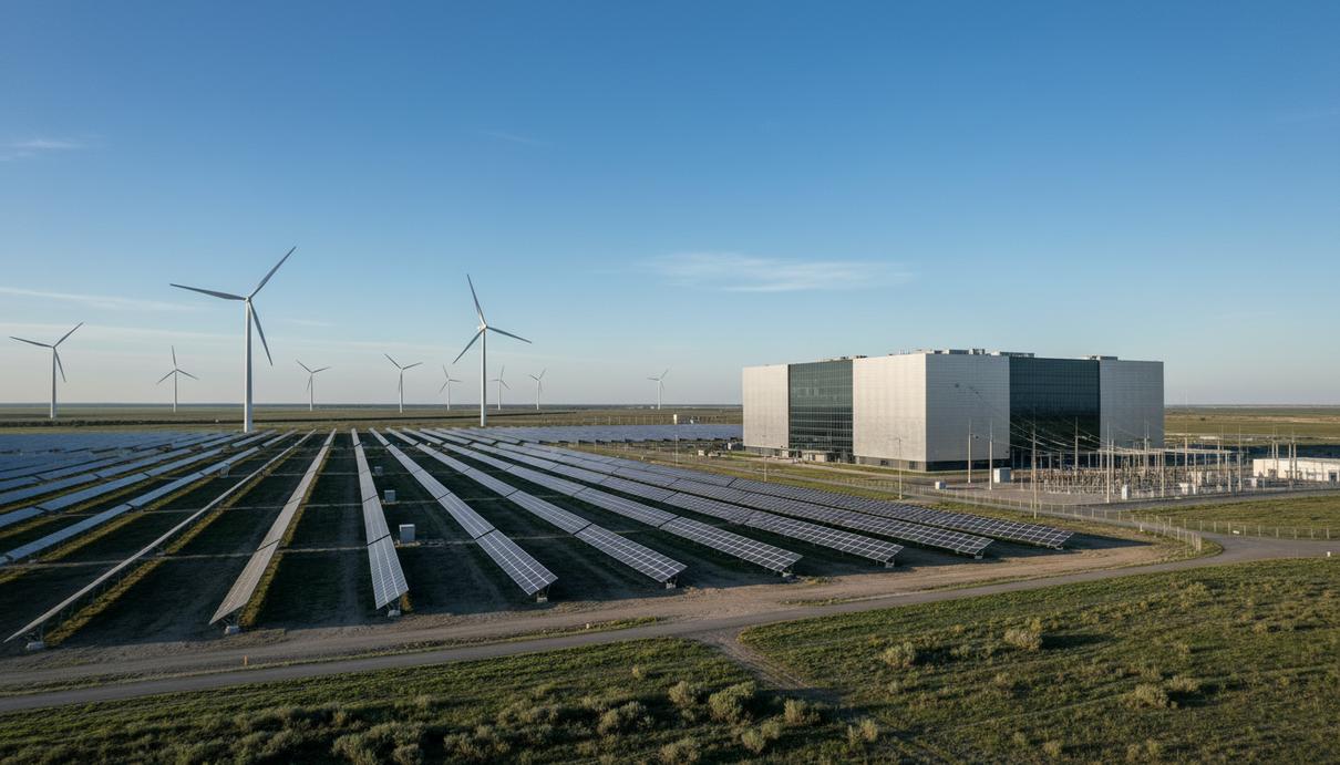 Современный центр обработки данных, расположенный рядом с полем солнечных панелей и высокими ветровыми турбинами.