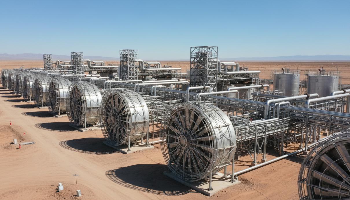 Промышленная установка с большими вентиляторами и системой труб для улавливания углекислого газа в пустыне.