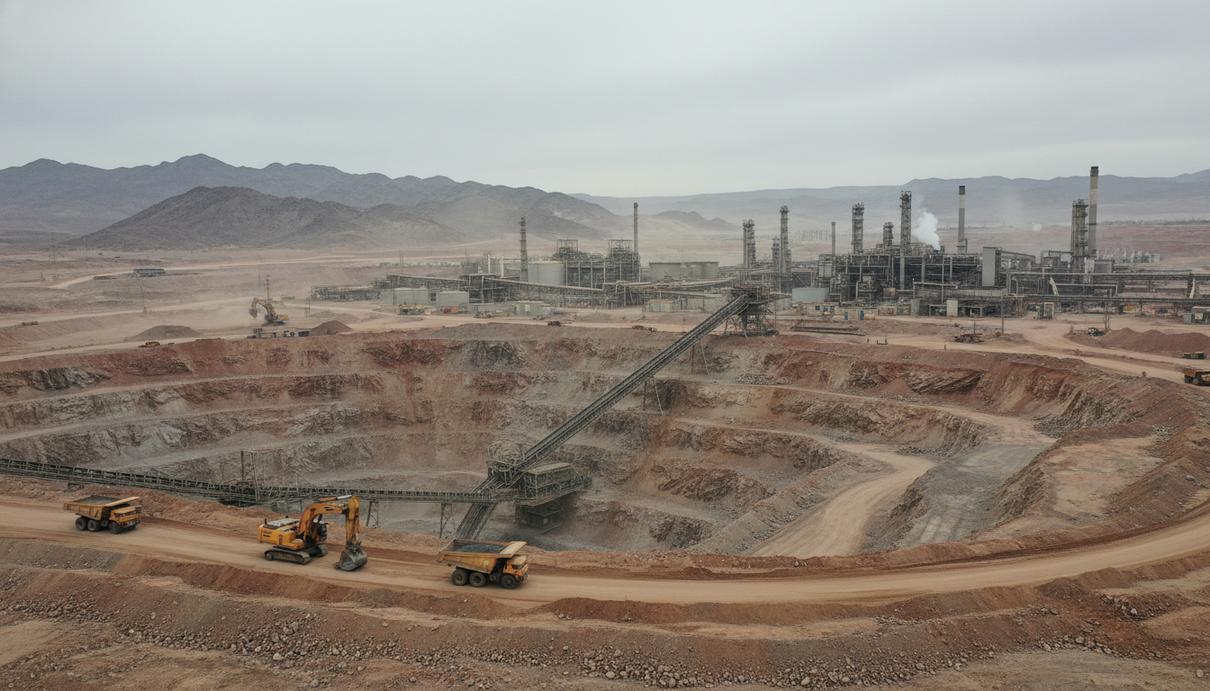 Масштабный промышленный карьер по добыче полезных ископаемых с тяжелой техникой и трубопроводами на фоне гор.