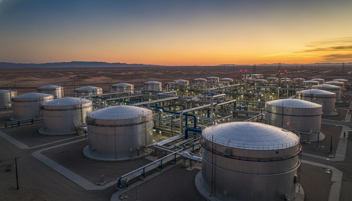 Промышленный объект для хранения энергии с крупными металлическими резервуарами и сетью труб в пустыне на закате.