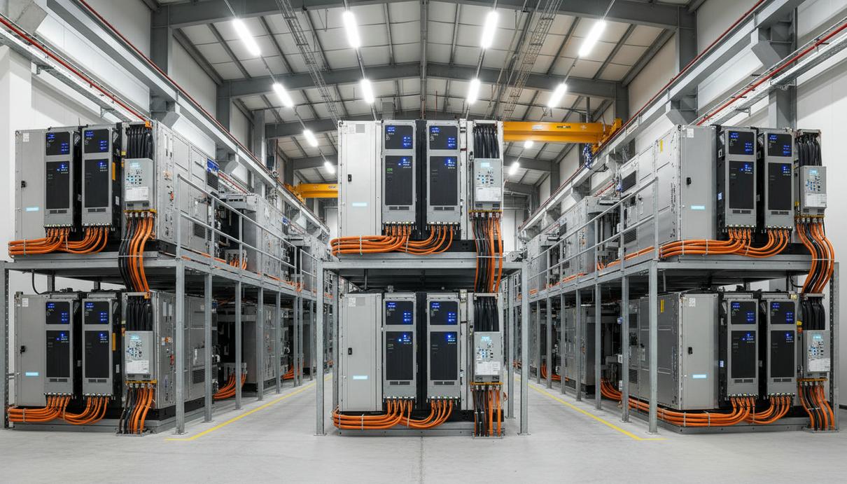 Ряды промышленных аккумуляторных блоков, соединенных толстыми кабелями, в просторном помещении завода.