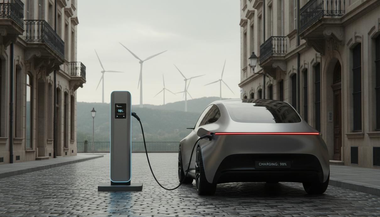 Современный электромобиль на городской зарядной станции на фоне улицы с ветрогенераторами вдалеке.