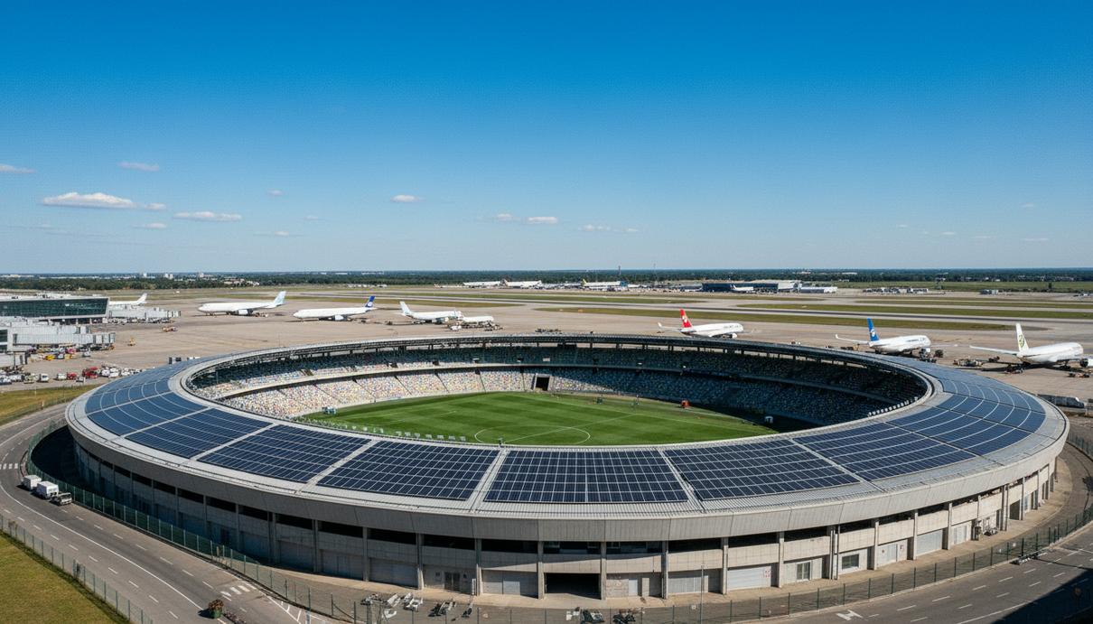 Пустой футбольный стадион с солнечными панелями на крыше рядом со взлетной полосой и пассажирскими самолетами.