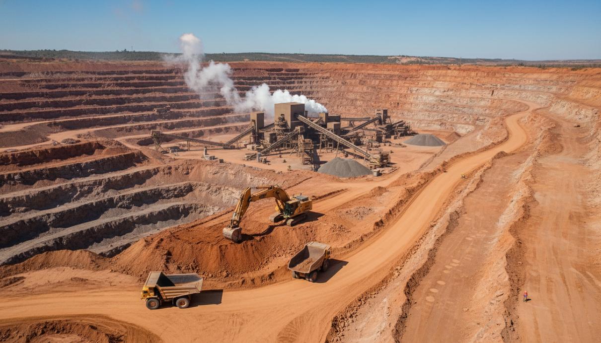 Карьер по добыче полезных ископаемых с террасами из глины, тяжелой техникой и промышленным комплексом на заднем плане.