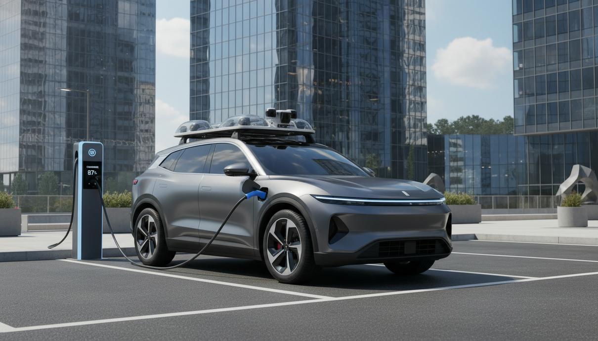 Современный электрический кроссовер с датчиками на крыше заряжается на городской станции на фоне стеклянных небоскребов.