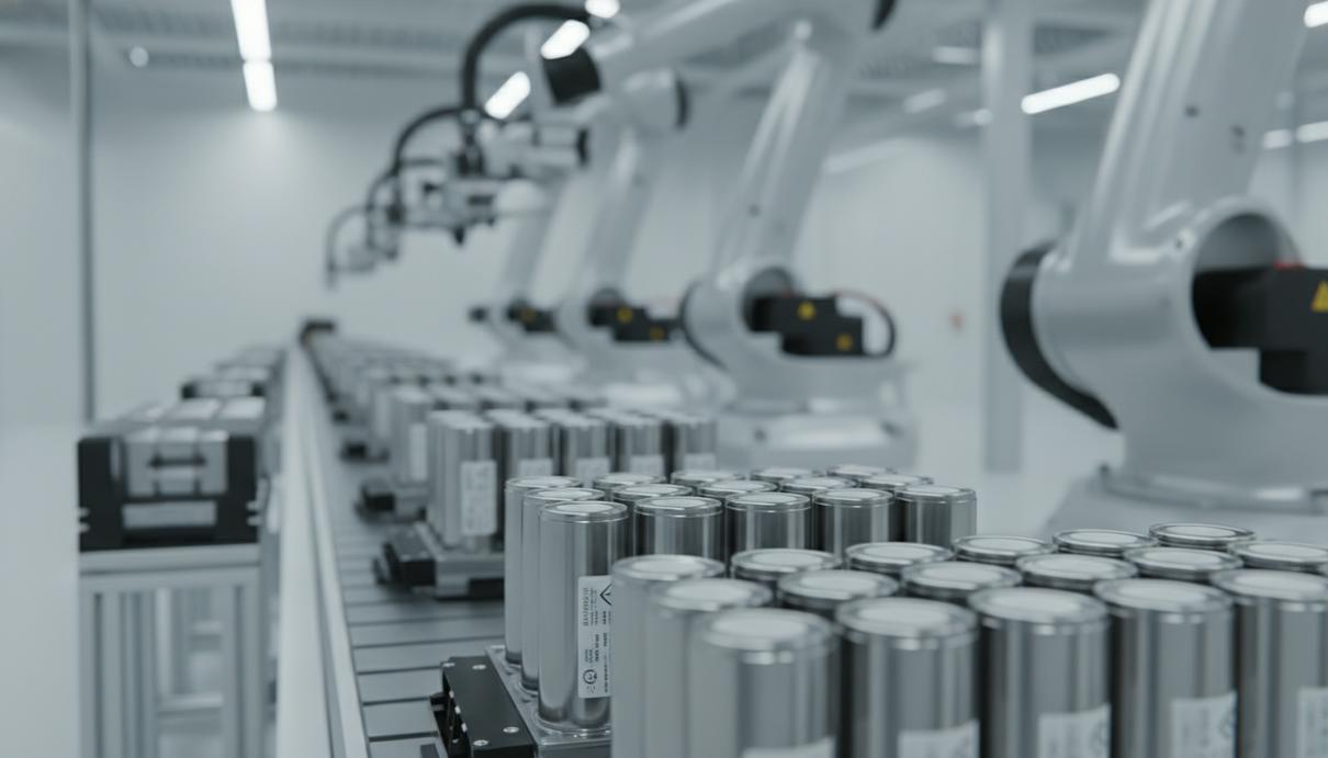 Металлические аккумуляторные ячейки для электромобилей на конвейерной ленте промышленного предприятия.