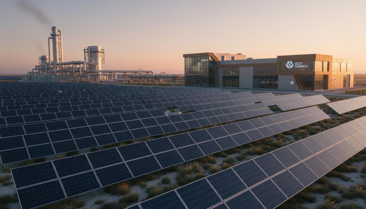 Поле солнечных панелей на фоне современного промышленного предприятия и линий электропередачи на рассвете.