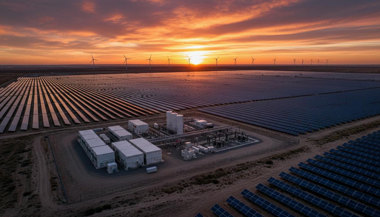 Ряды панелей промышленной солнечной электростанции и контейнеры систем накопления энергии на фоне ветрогенераторов.