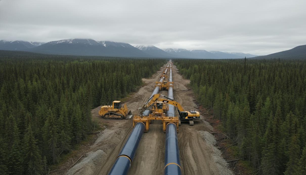 Строящийся трубопровод в лесу на фоне гор, стальные трубы на грунте рядом с желтой экскаваторной техникой.