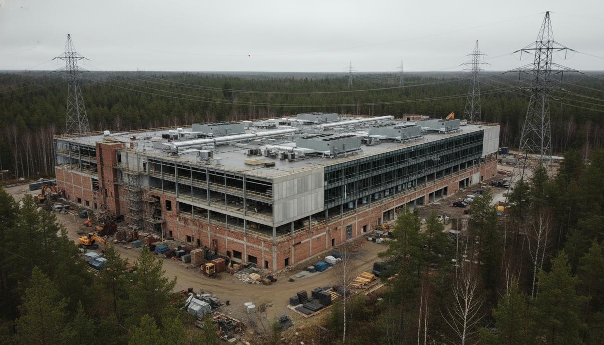Строящееся здание крупного промышленного дата-центра с системами охлаждения на крыше на фоне леса и линий электропередачи.