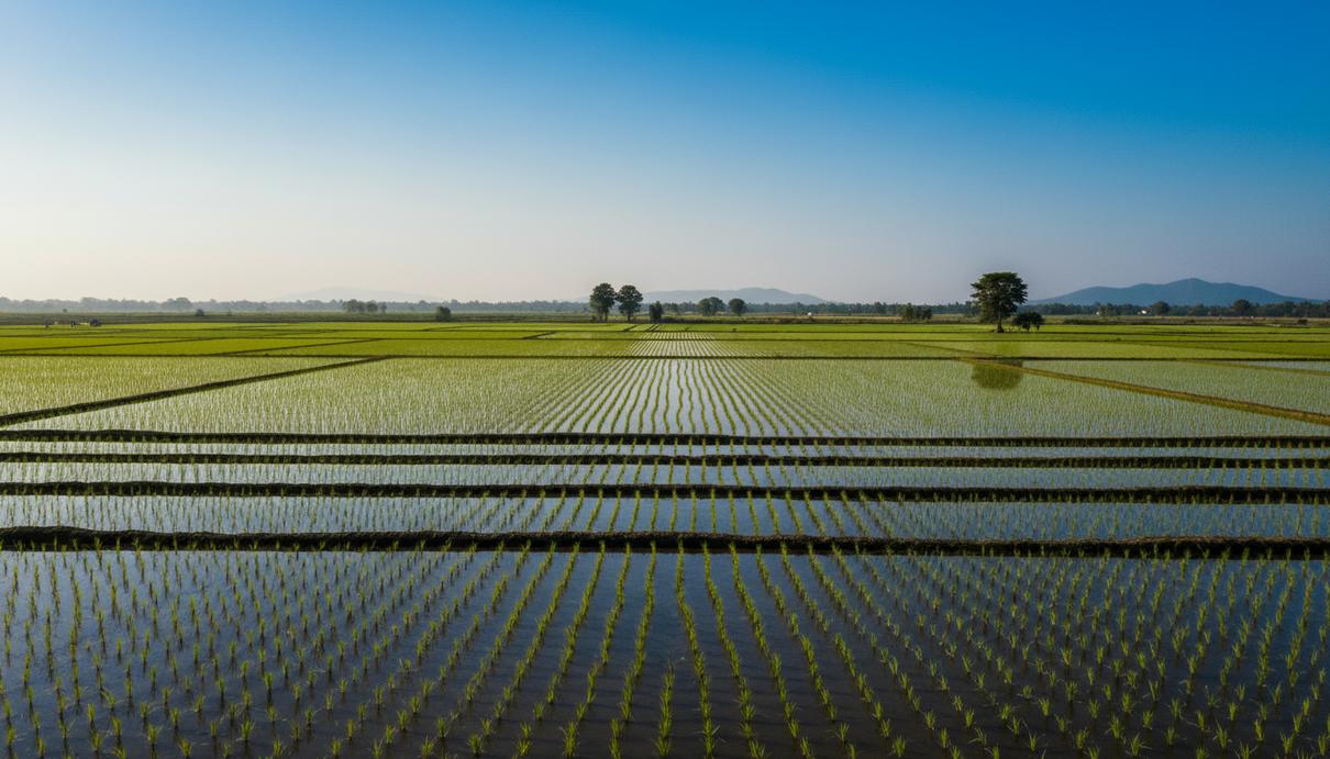 Затопленные рисовые поля под ясным небом. Ровные ряды зеленых сельскохозяйственных культур отражаются в воде.
