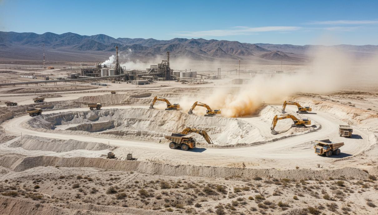 Карьер по добыче лития в пустыне: экскаваторы и грузовики перемещают светлую породу на фоне завода и гор.