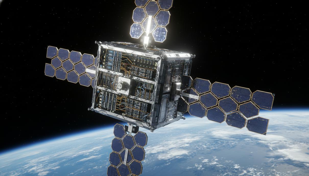 Крупный спутник с массивными солнечными панелями и серверным оборудованием на орбите Земли на фоне темного космоса.