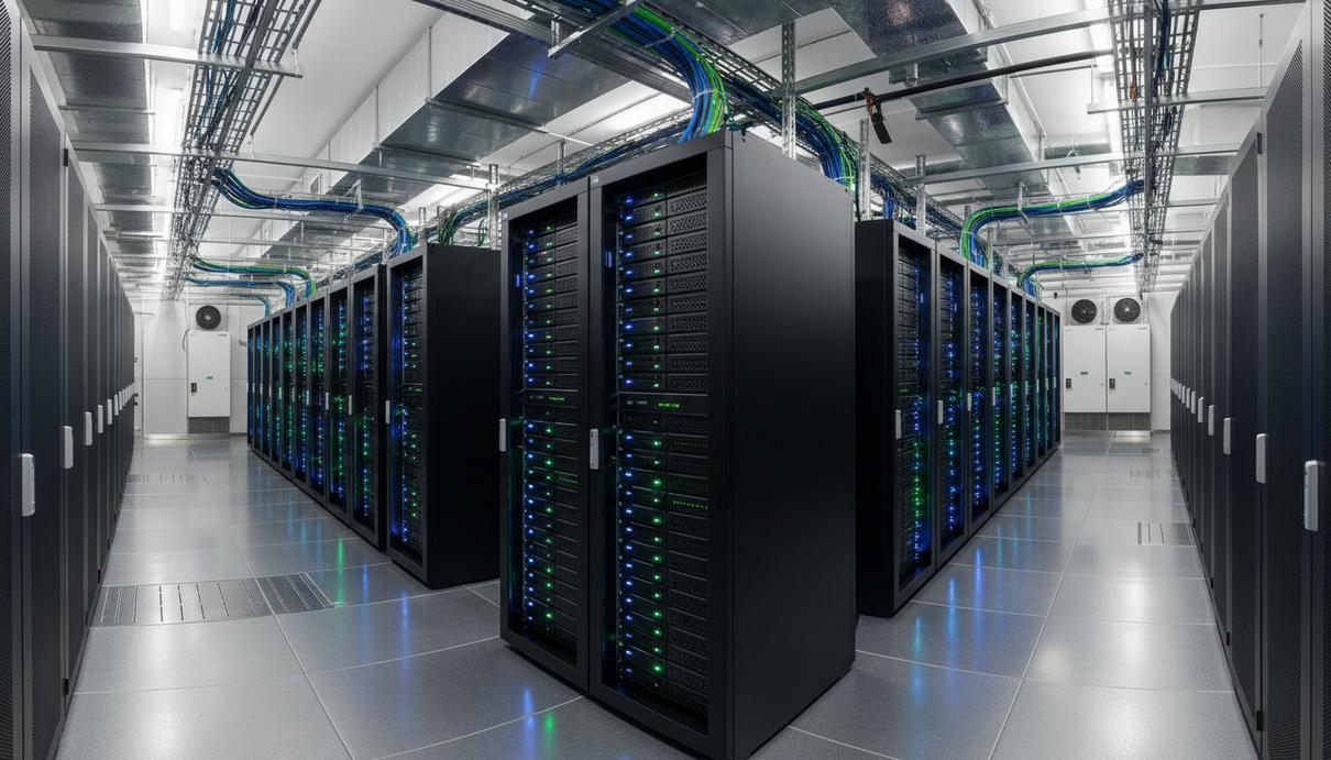 Длинные ряды серверных стоек с синими и зелеными светодиодными индикаторами в машинном зале центра обработки данных