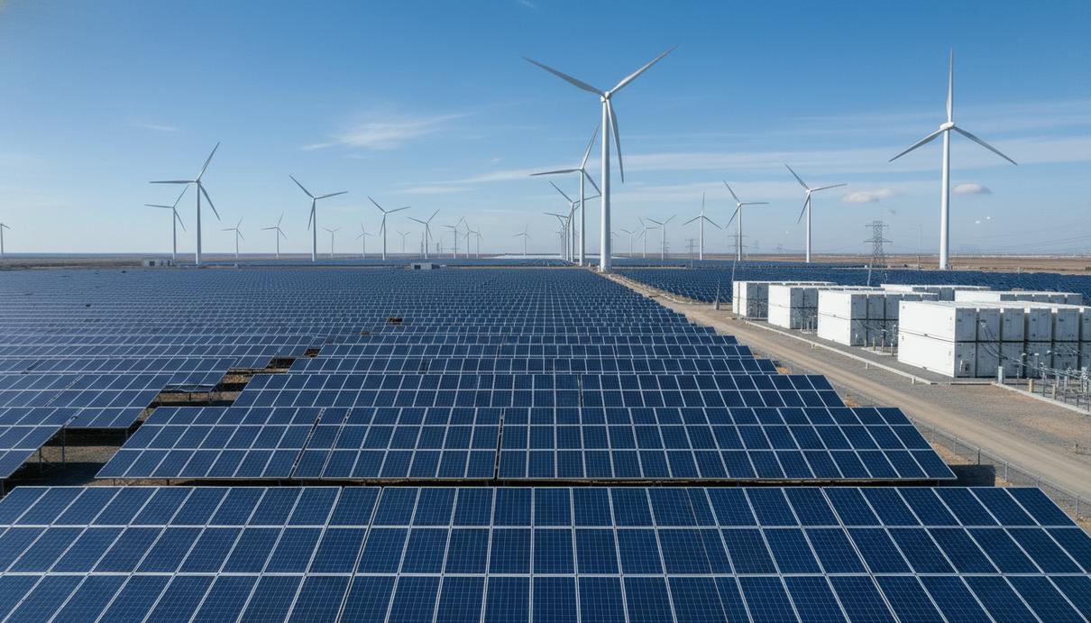 Промышленная зона с рядами солнечных панелей, высокими белыми ветровыми турбинами и контейнерами для хранения энергии.