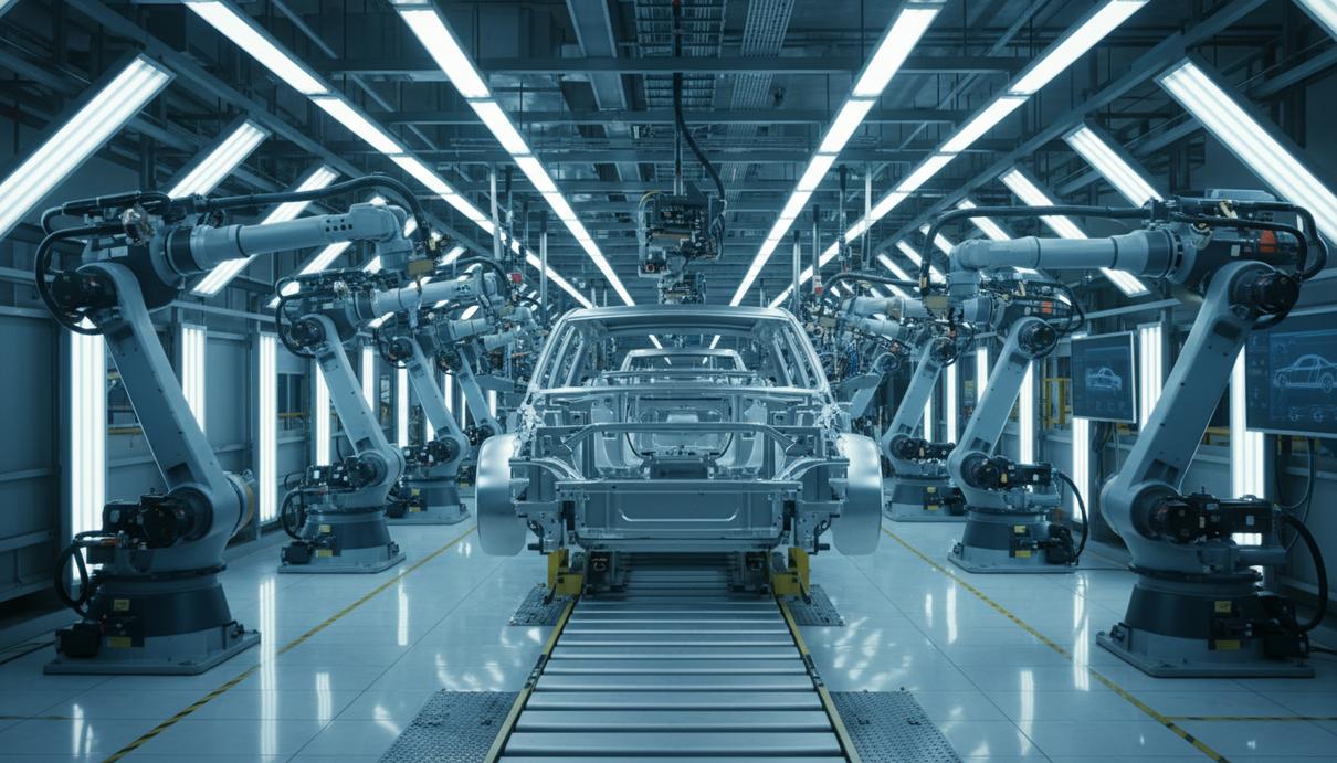 Роботизированная сборочная линия на современном автомобильном заводе, манипуляторы собирают кузов электромобиля.