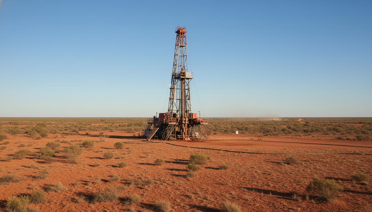 Буровая вышка для разведки природного газа, установленная на фоне красной каменистой почвы и сухой растительности.