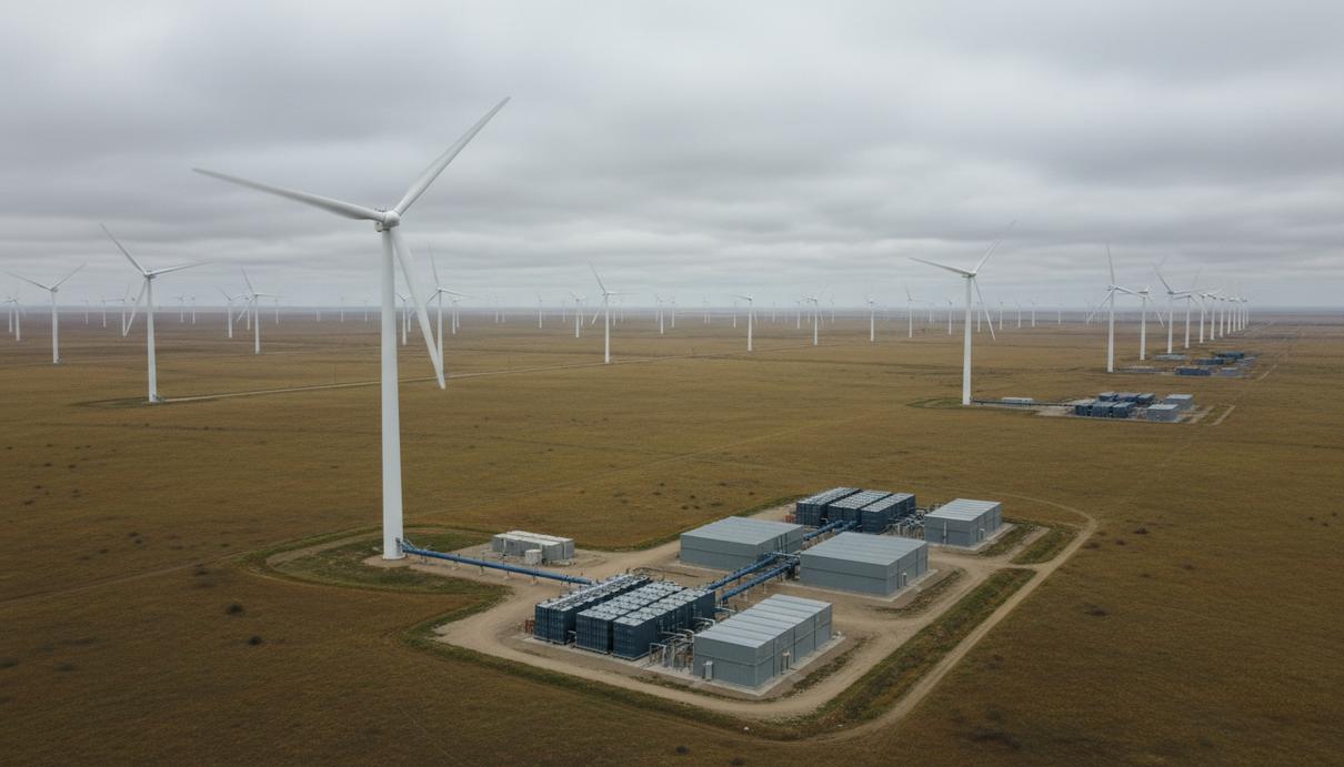 Ветряные турбины и промышленные контейнеры для хранения электроэнергии, расположенные на бескрайней равнине.