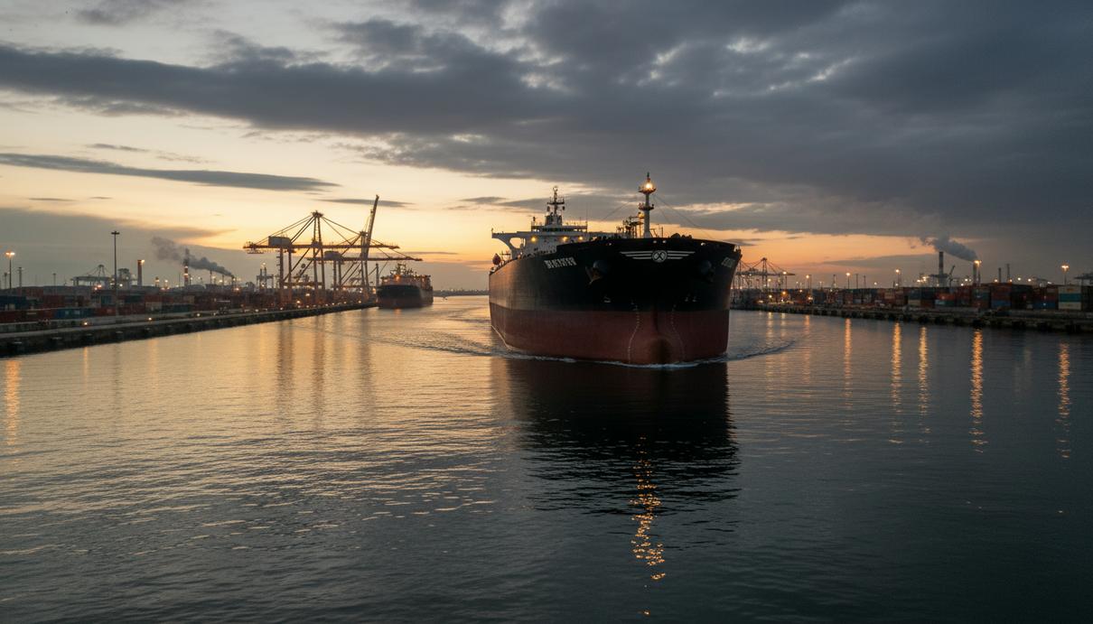Большой нефтяной танкер проходит через морской пролив в сумерках на фоне индустриальных портовых сооружений.
