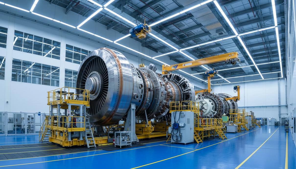 Промышленная газовая турбина на сборочной линии внутри просторного производственного цеха энергетического предприятия.