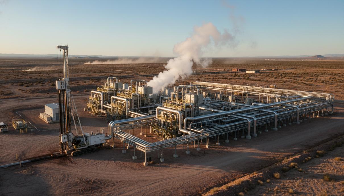 Разработчик геотермальных станций Fervo Energy привлек $1,89 млрд на IPO Геотермальная электростанция в пустыне с промышленными трубами, буровой установкой и поднимающимся белым паром.