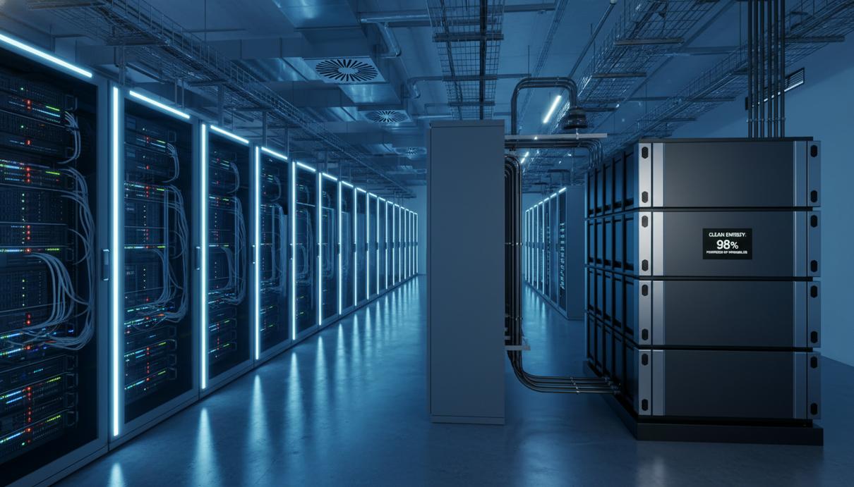 Ряды серверных стоек в современном центре обработки данных, подключенные к промышленной системе накопления энергии.