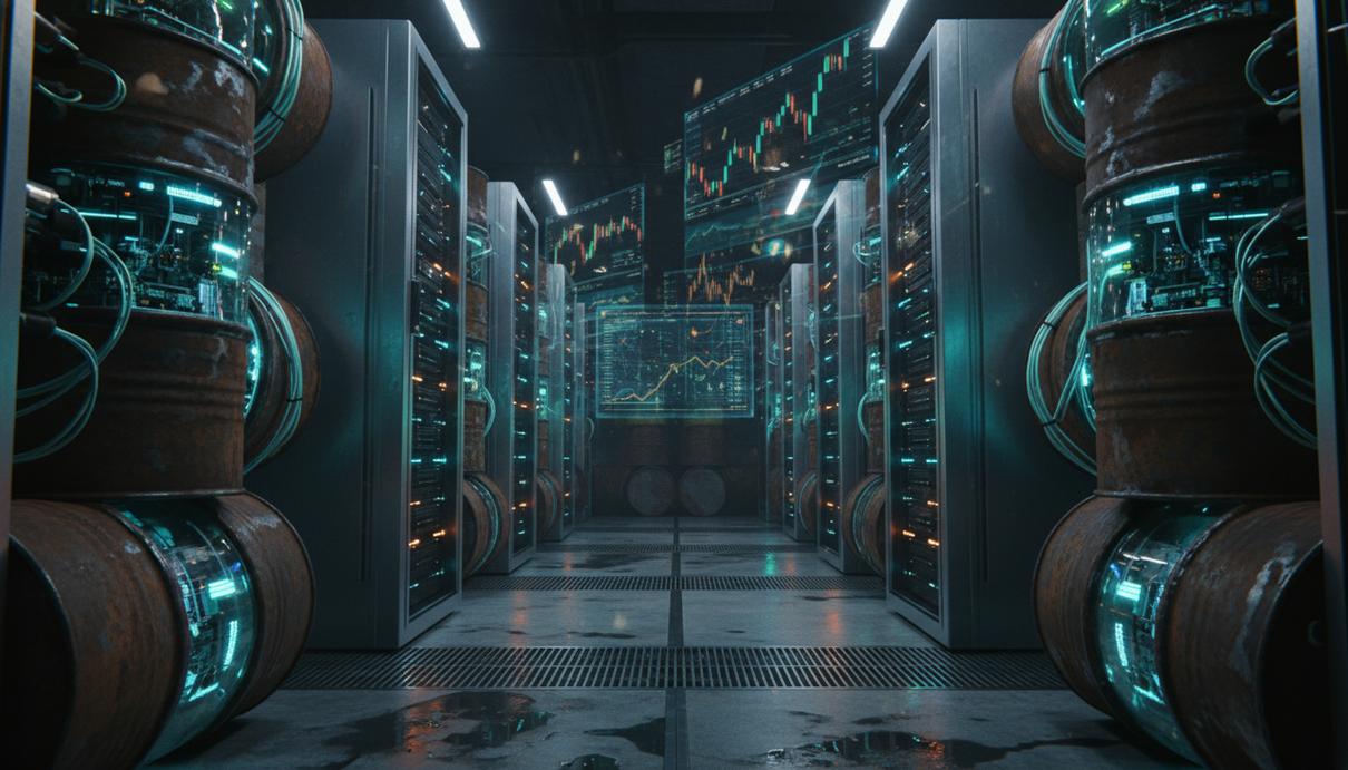 ICE и биржа OKX запускают бессрочные фьючерсы на нефтяные эталоны Тёмное помещение с металлическими бочками для нефти и светящимися графиками финансовых котировок на заднем плане.