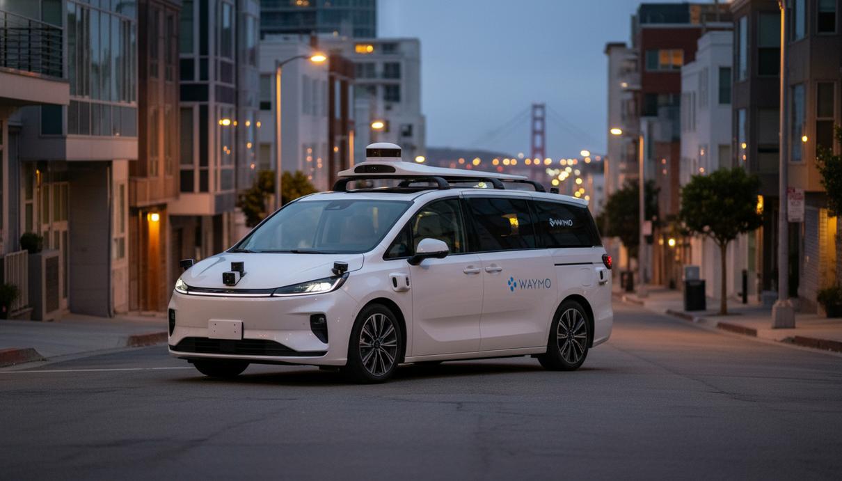 Беспилотный электромобиль Waymo на базе минивэна Zeekr припаркован на городской улице в вечернее время.