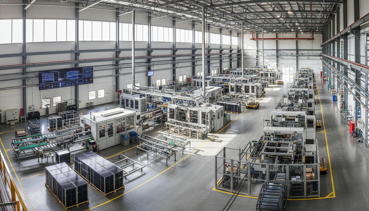 Роботизированная линия сборки солнечных панелей в светлом цеху современного завода