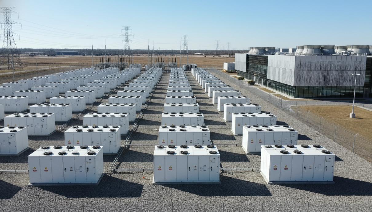 Закупки накопителей энергии Tesla со стороны xAI достигли 1 млрд долларов Ряды белых промышленных батарей Tesla Megapack на фоне современного здания дата-центра под открытым небом