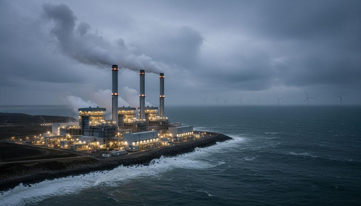 Invenergy откажется от морских ВЭС на $765 млн в пользу газа и геотермов Современная газовая электростанция на морском побережье. На заднем плане в море виднеются силуэты морских ветрогенераторов.