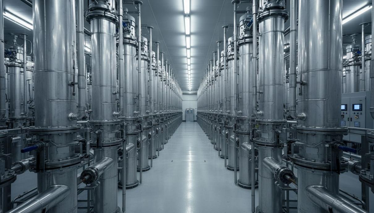 Ряды серебристых газовых центрифуг в чистом промышленном зале завода по обогащению урана