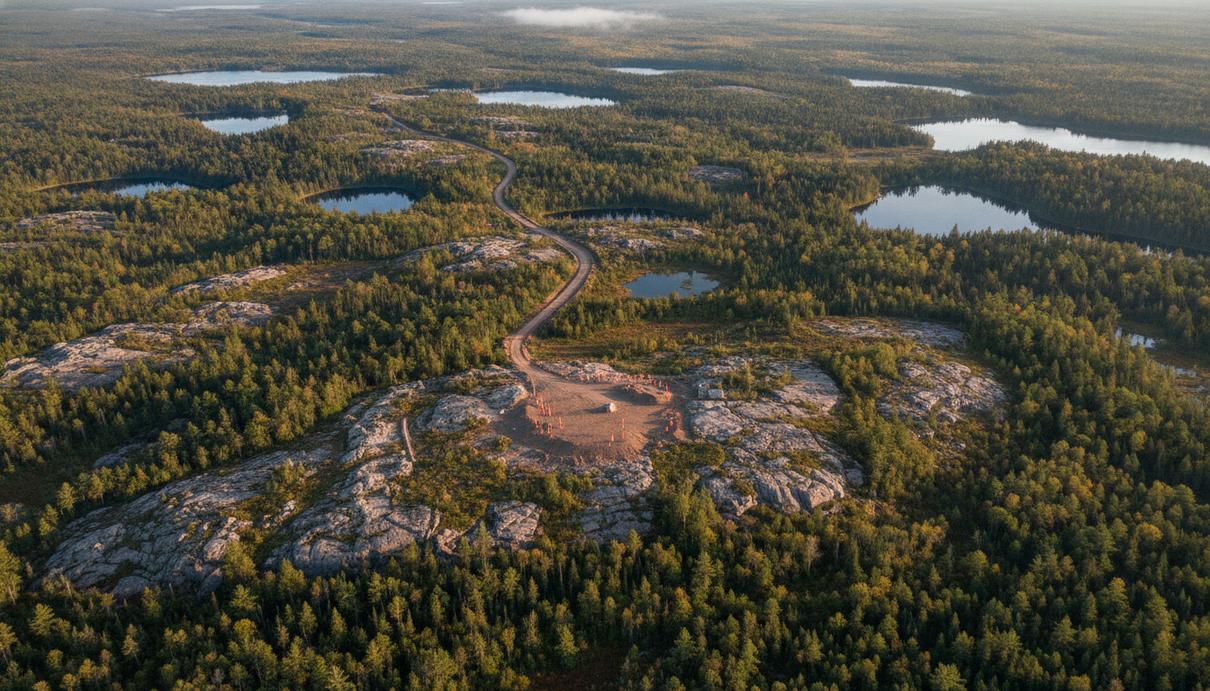 Аэрофотосъемка канадского региона «Огненное кольцо» в Онтарио: нетронутая природа с лесами и озерами и грунтовая дорога, проложенная для будущей добычи полезных ископаемых.