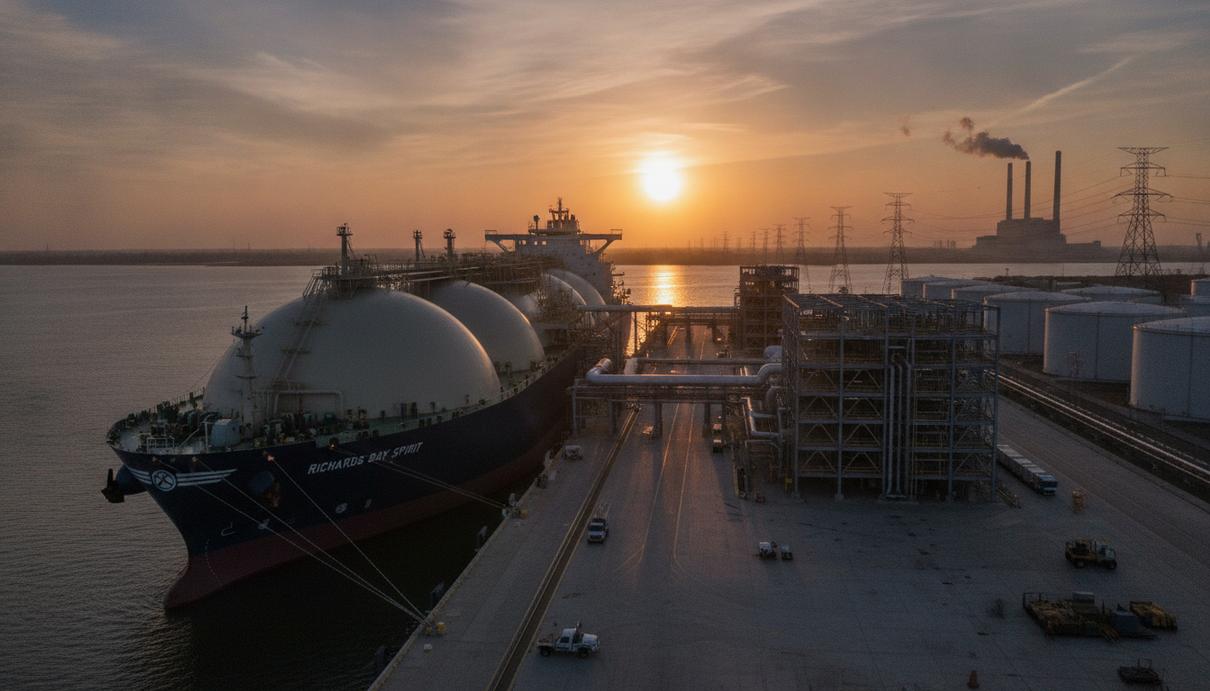 Exxon Mobil договорилась о поставках СПГ в ЮАР для замены угля Большой газовоз для перевозки СПГ у причала промышленного терминала в порту Ричардс-Бей, ЮАР. На заднем плане видны опоры линий электропередачи.